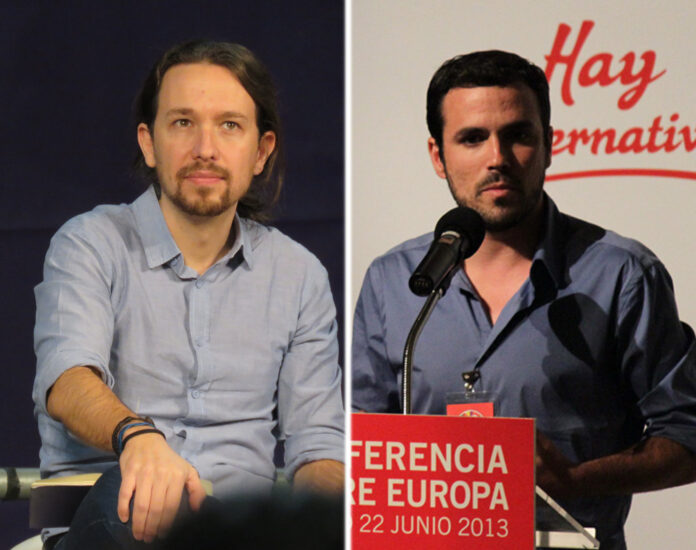 Partileder i Podemos, Pablo Iglesias, sammen med lederen for partiene i Izquierda Unida, Alberto Garzón. 
