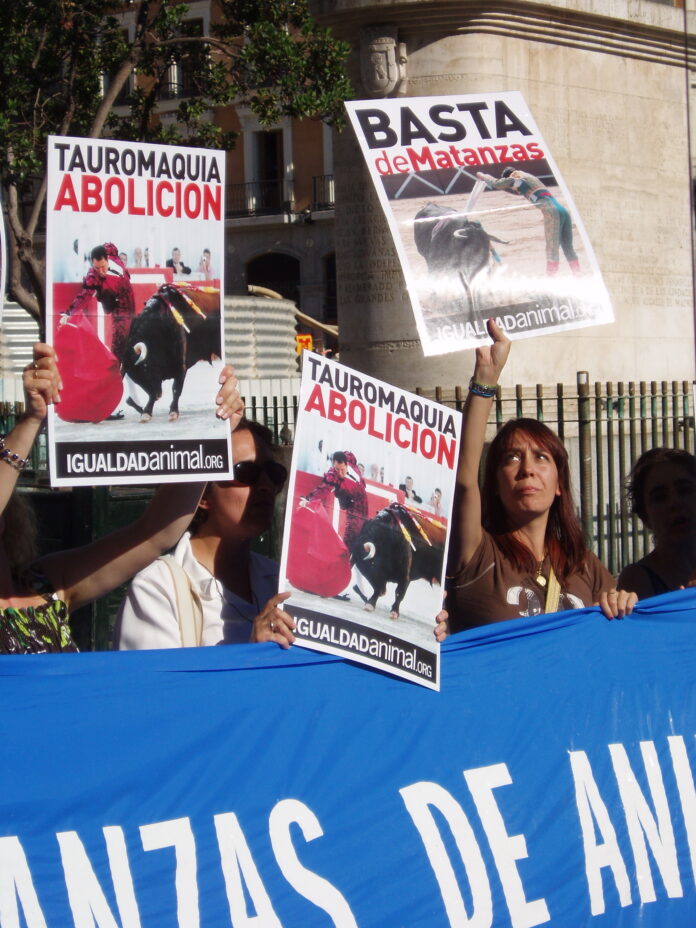 protest_against_bullfighting.jpg Foto: Demonstrasjon mot tyrefekting i Madrid (Anders Måreby, Wikimedia Commons 2007).