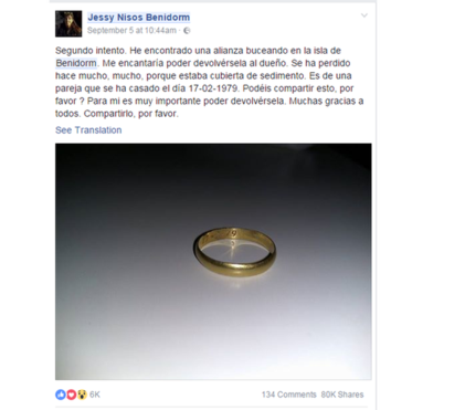 Foto: Innlegget til dykkerinstruktør som fant ringen og ettersøkte eieren på Facebook.