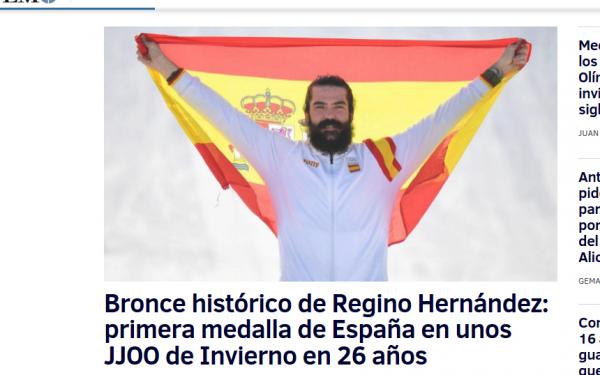 Foto: Spania feirer snøbrettkjøreren Regino Hernández som tok landets første medalje i Vinter-OL på 26 år. Bildet er fra den spanske avisen El Mundo torsdag 15. februar.