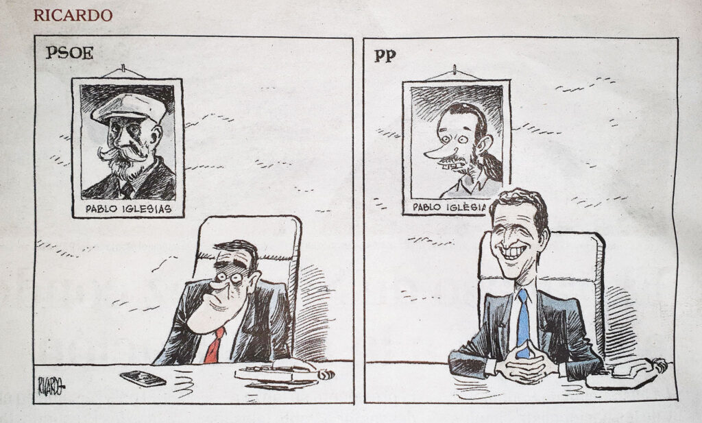 Den spanske storavisen El Mundo’s karikaturtegner «Ricardo» publiserte denne kommentaren dagen etter avstemningen hvor PSOE feilet etter manglende støtte fra Podemos som stemte blankt.