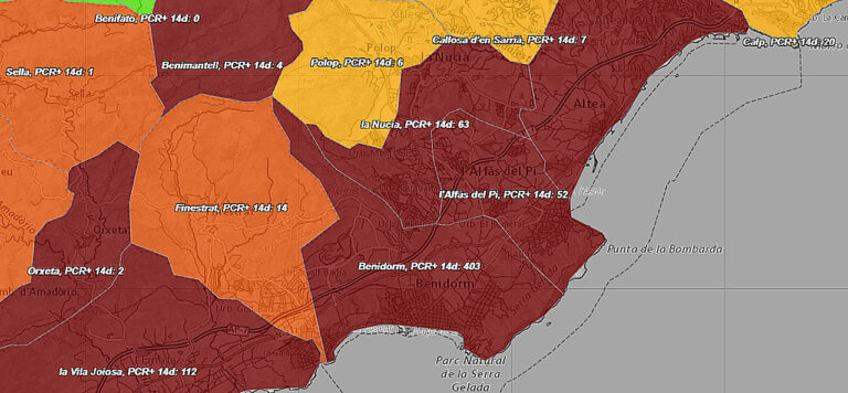 Mørke-rødt smitte-kart for Marina Baixa