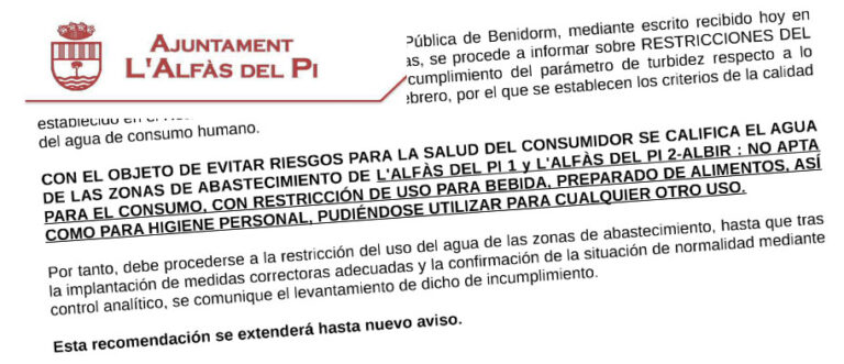 Vannet i Alfaz del Pi er ubrukelig