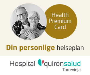 Banner promoting the Health Premium Card and personal health plan (Din personlige helseplan) with an elderly couple photo and hospital logos (Hospital Quirón Salud Torrevieja).