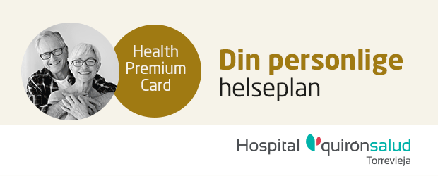Banner promoting your personal health plan with an elderly couple, a 'Health Premium Card' circle, and the text 'Din personlige helsplan'.