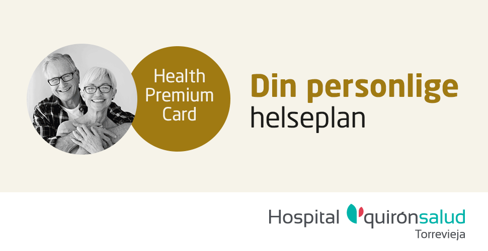 Promotional banner for Health Premium Card with an elderly couple, Danish headline 'Din personlige helseplan', and Hospital Quirón Salud Torrevieja logo.