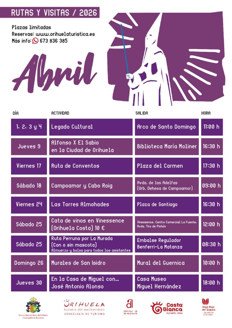 9 turist-ruter i Orihuela i april