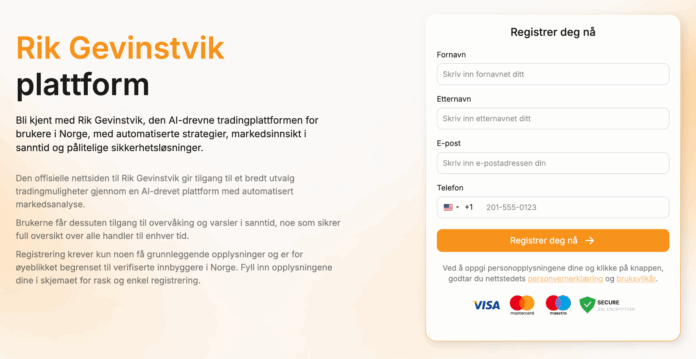 Hovedbanner med stor oransje tittel og norsk tekst; registreringsskjema plassert til høyre på siden.