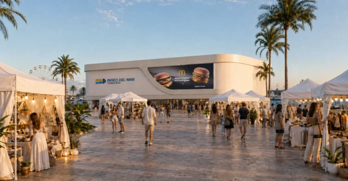 Open-air market in a waterfront plaza with white tents, palm trees, and a modern curved building in the background.