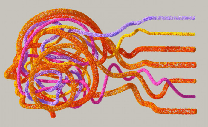 Abstract artwork of intertwined orange, pink, and purple fuzzy tubes, with several curled strands extending to the right.
