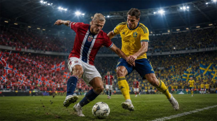Two soccer players from Norway (red kit) and Sweden (yellow kit) contest the ball on a lit stadium field amid cheering fans and flags in the stands.