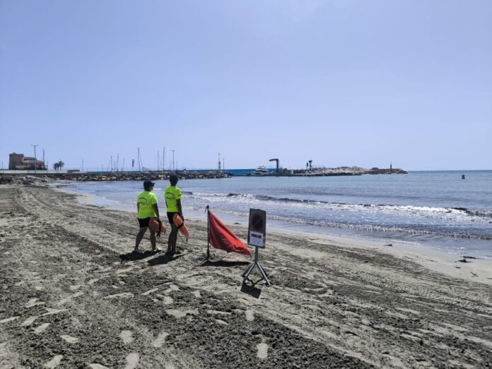 Two lifeguards in neon shirts walk along a beach carrying rescue tubes, near a red flag and a sign by the shore.