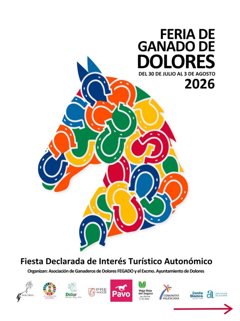 Poster for Dolores livestock fair 2026 featuring a colorful collage of horses forming a triangle and the event title (Feria de Ganado de Dolores 2026).