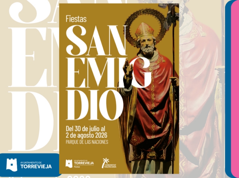 Poster advertising the Fiestas San Emigdio: a saint in red robes against a mustard background, dates July 30–August 2, 2026, at Parque de las Naciones, with city logos at the bottom.