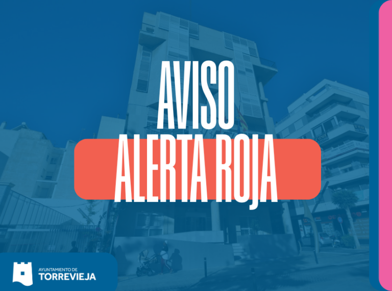 Public alert banner: text 'AVISO ALERTA ROJA' over a blue overlay with the Ayuntamiento de Torrevieja logo in the bottom-left.