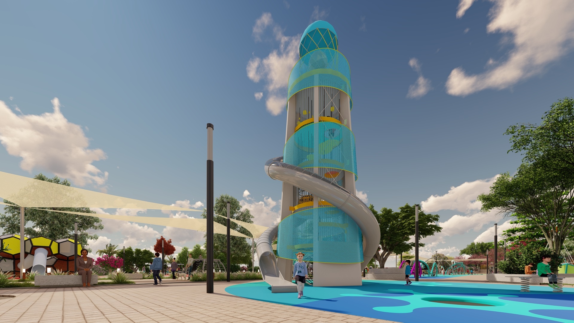 Tall water-slide tower with turquoise nets and a twisting slide at a sunny outdoor pool park, with visitors nearby.