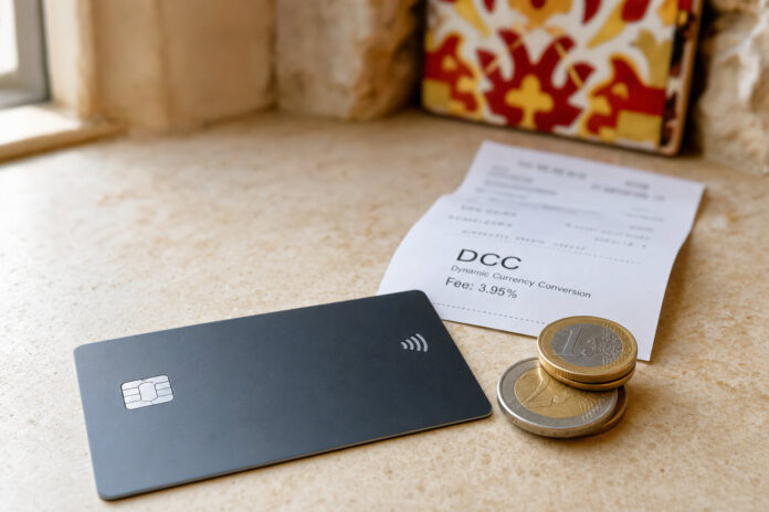 Gray contactless credit card on a beige countertop beside a receipt labeled DCC and a stack of euro coins while a patterned item sits in the background.