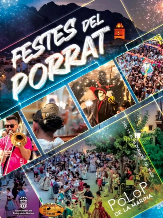 Promotional collage for Festes del Port in Polop de la Marina, showing crowds, dancers, and musicians in a colorful festival collage.