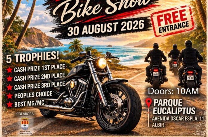 Poster advertising a Bike Show on 30 August 2026 with free entrance, motorcycles on a beach and trophy prizes listed. Doors 10AM at Parque Eucaliptus, Albir.