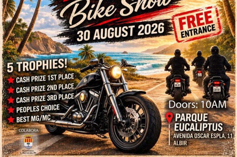 Poster advertising a Bike Show on 30 August 2026 with free entrance, motorcycles on a beach and trophy prizes listed. Doors 10AM at Parque Eucaliptus, Albir.