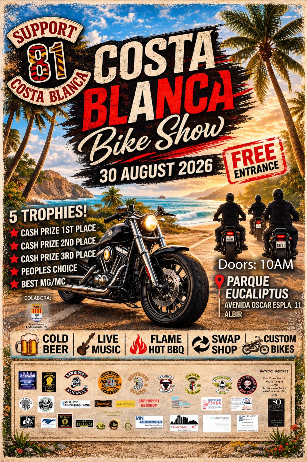 Promotional poster for Costa Blanca Bike Show on 30 August 2026 featuring motorcycles on a sunny beach with a 'Free Entrance' stamp and palm trees.