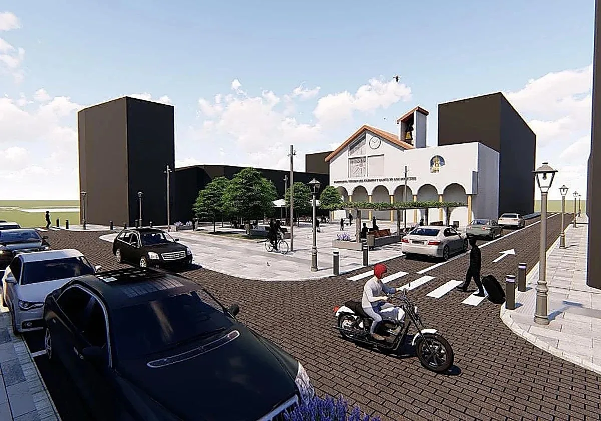 Street scene with cars, a motorcyclist, and a plaza in front of a white arched building under a blue sky.